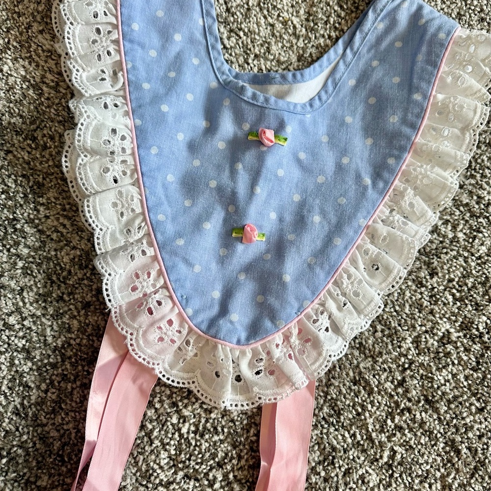 Vintage Blue and Pink Polka Dot Lace Baby Bib